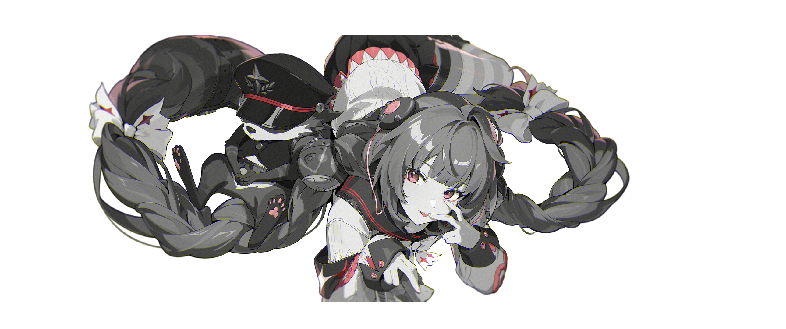 kamanosuke (zenless zone zero), ukinami yuzuha, zenless zone zero, highres, official art, 1girl, :p, ahoge, blunt bangs, bow, bowtie, braid, cardigan, closed mouth, eyelashes, eyelid pull, hair bow, hands up, hat, long hair, long sleeves, looking at viewer, low twin braids, lying, mindscape cinema (zenless zone zero), on side, peaked cap, pleated skirt, red eyes, sailor collar, school uniform, sidelocks, skirt, sleeves past wrists, solo, spot color, striped clothes, striped thighhighs, tanuki, thighhighs, tongue, tongue out, transparent background, twin braids, very long hair