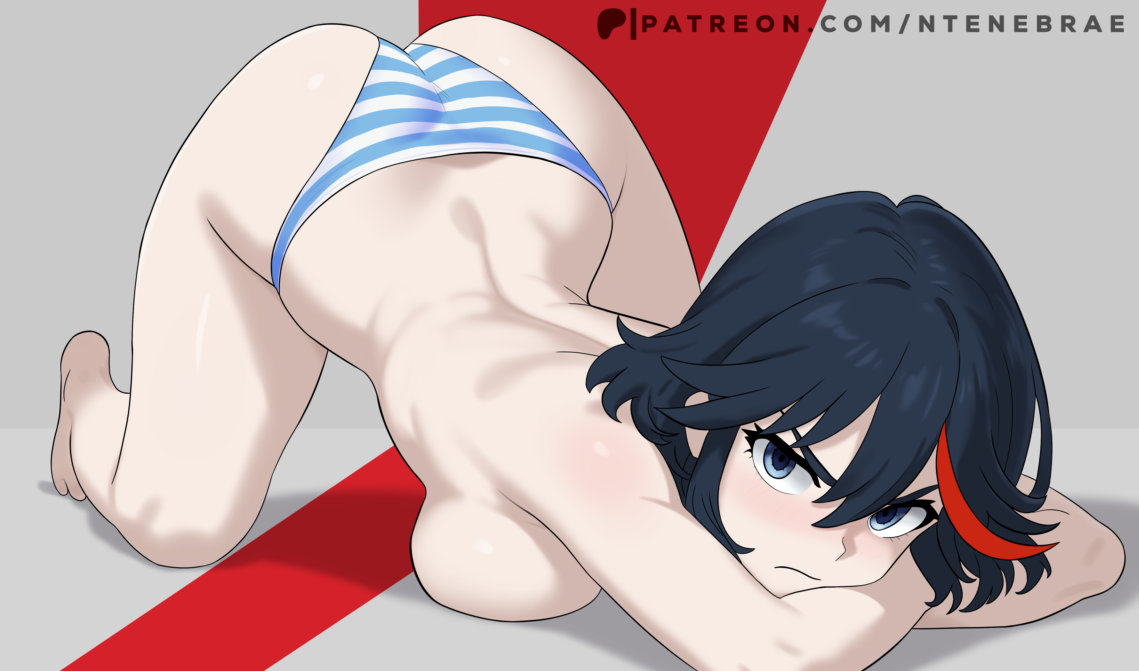ntenebrae, matoi ryuuko, kill la kill, absurdres, highres, 1girl, all fours, black hair, blue eyes, blush, breasts, looking at viewer, multicolored hair, red hair, short hair, simple background, solo, streaked hair, top-down bottom-up, two-tone hair
