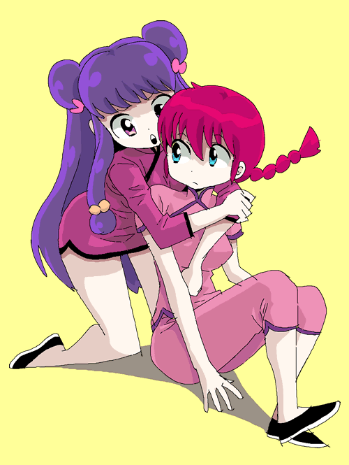 hankura cchi, mago, ranma-chan, saotome ranma, shampoo (ranma 1/2), ranma 1/2, bad id, bad pixiv id, 2girls, blue eyes, braid, capri pants, china dress, chinese clothes, dress, genderswap, genderswap (mtf), hug, long hair, multiple girls, no socks, pants, pink hair, pink pants, purple hair
