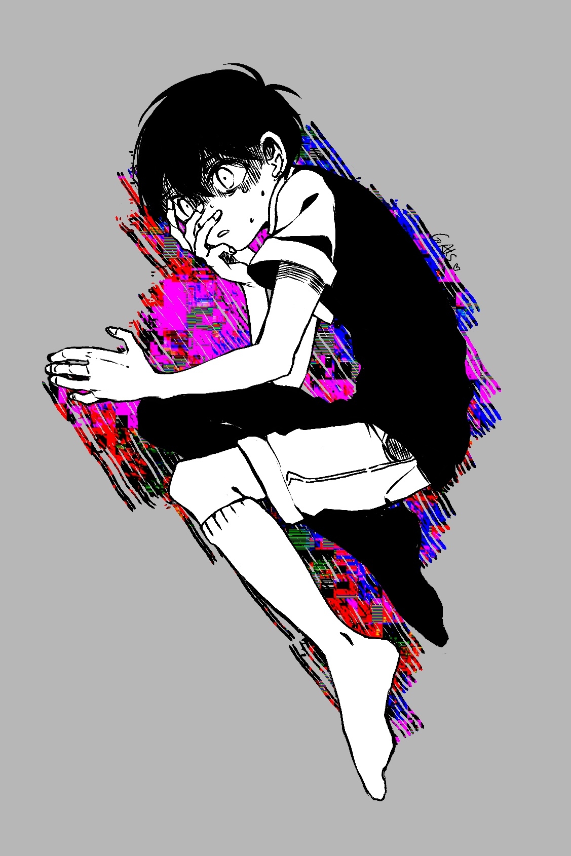 gaks030, sunny (omori), omori, chinese commentary, commentary request, highres, 1boy, antenna hair, double-parted bangs, fingernails, full body, grey background, greyscale with colored background, hair behind ear, hair between eyes, hand on own chest, hatching (texture), high contrast, kneehighs, knees up, looking ahead, lying, male focus, no shoes, official alternate eye color, on side, parted lips, pink background, scared, shaded face, shirt, short hair, short sleeves, shorts, simple background, socks, solo, sweat, sweater vest, very short hair