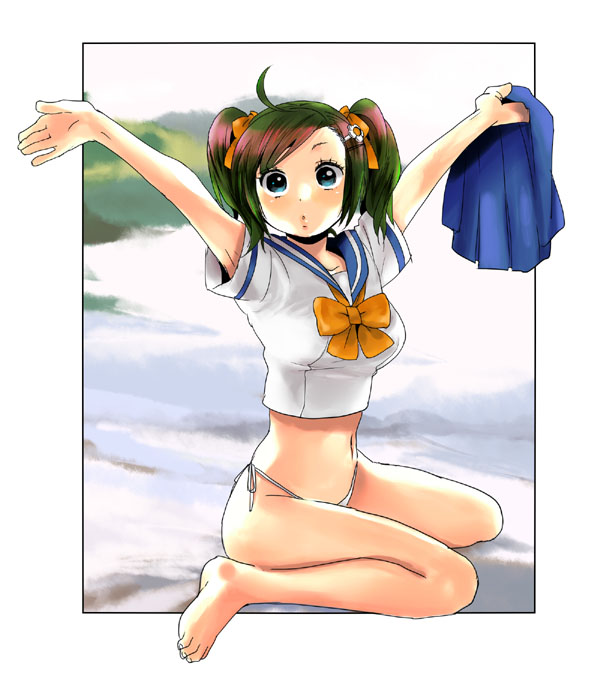 hankura cchi, mago, bad id, bad pixiv id, 1girl, o/, ahoge, arms up, barefoot, blue eyes, brown hair, feet, female focus, full body, hair ornament, hairclip, kneeling, no pants, outdoors, outstretched arms, panties, plant, school uniform, serafuku, solo, thong, twintails, underwear