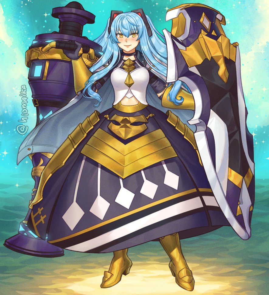 shg (hiomaika), tio plato, ao no kiseki, eiyuu densetsu, fire emblem, fire emblem engage, nintendo, zero no kiseki, commentary, commission, english commentary, 1girl, animal ear hairband, animal ears, armor, armored boots, armored dress, blue hair, blush, boots, breastplate, breasts, cat ear hairband, cat ears, double-parted bangs, dress, fake animal ears, full body, hair between eyes, hairband, high heel boots, high heels, long hair, looking at viewer, medium breasts, smile, solo, twintails, twitter username, yellow eyes