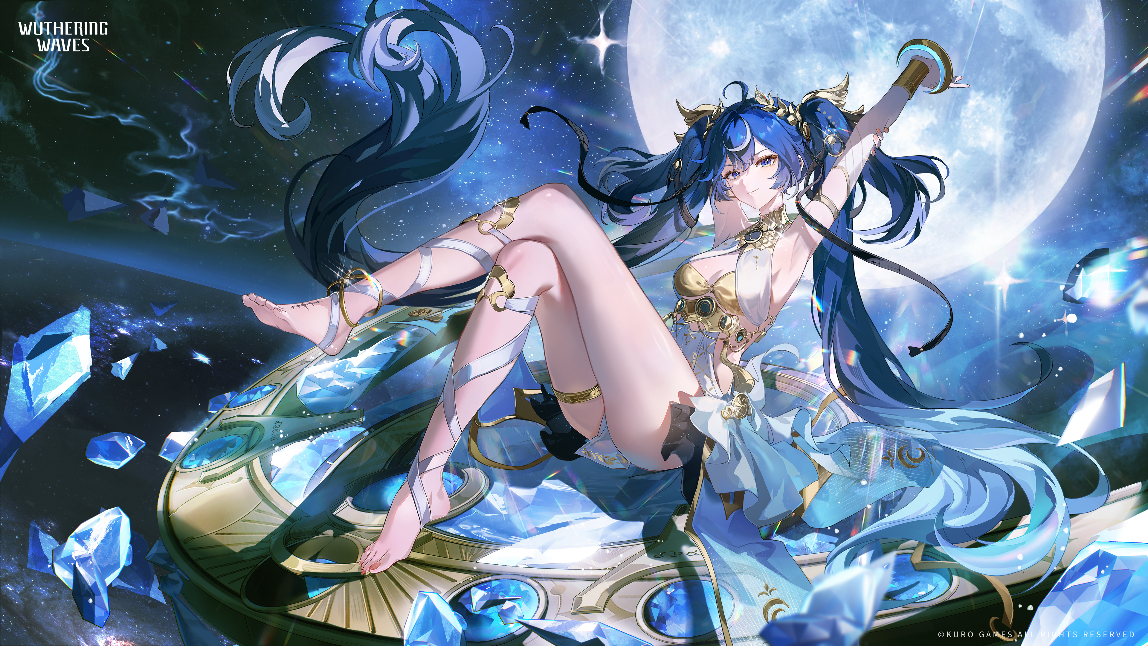 iuno (wuthering waves), wuthering waves, absurdres, commentary, english commentary, highres, official art, 1girl, ahoge, ancient greek clothes, arm up, armlet, armpits, bare shoulders, barefoot, black skirt, blue eyes, blue hair, breasts, character name, full moon, gold bra, greco-roman clothes, hair belt, jewelry, laurel crown, leg wrap, logo, long hair, looking at viewer, medium breasts, miniskirt, moon, multicolored hair, parted lips, showgirl skirt, skirt, solo, streaked hair, tacet mark (wuthering waves), twintails