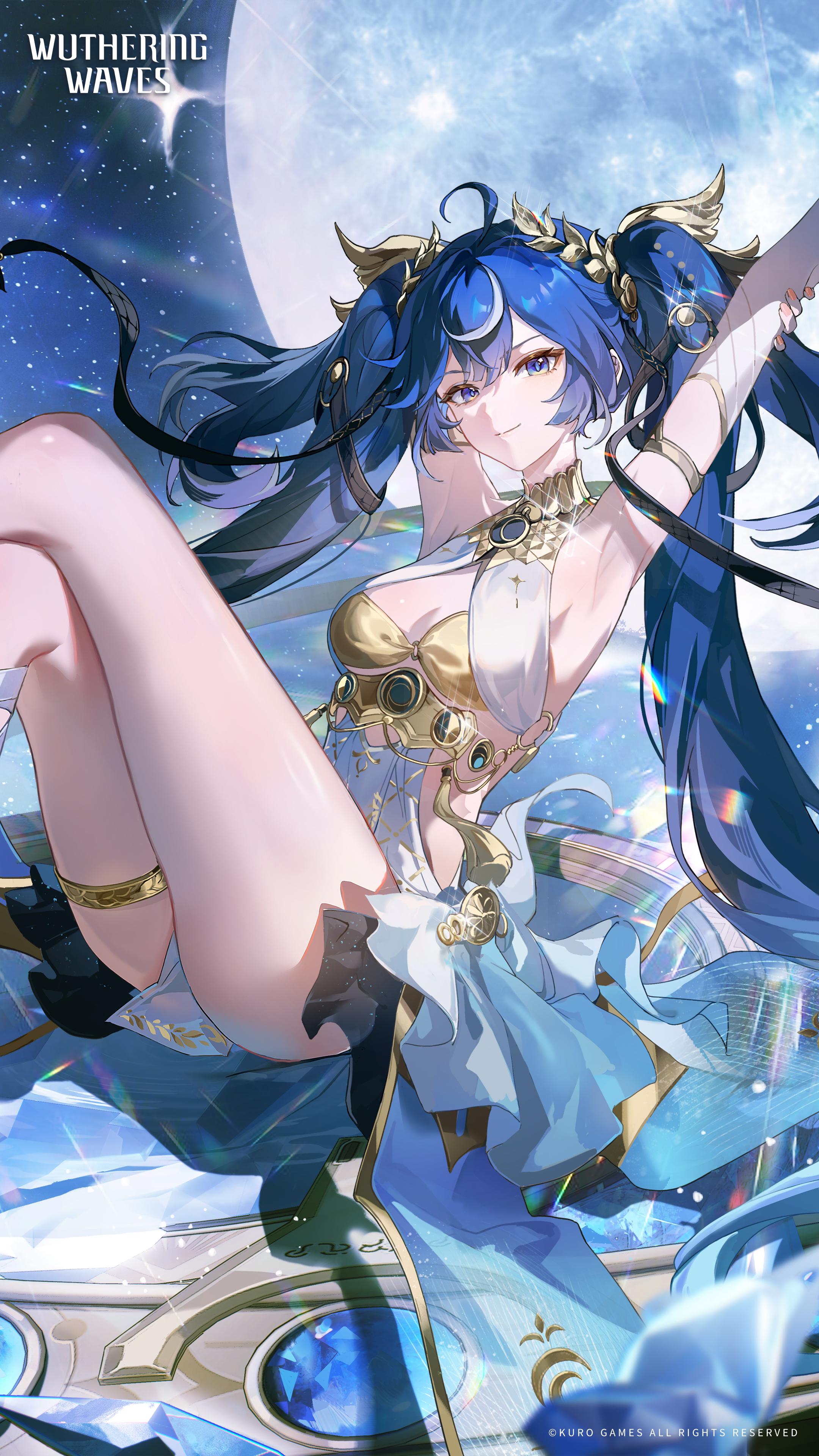 iuno (wuthering waves), wuthering waves, absurdres, commentary, english commentary, highres, official art, 1girl, ahoge, ancient greek clothes, arm up, armlet, armpits, bare shoulders, black skirt, blue eyes, blue hair, breasts, character name, feet out of frame, full moon, gold bra, greco-roman clothes, hair belt, jewelry, laurel crown, logo, long hair, looking at viewer, medium breasts, miniskirt, moon, multicolored hair, parted lips, showgirl skirt, skirt, solo, streaked hair, twintails