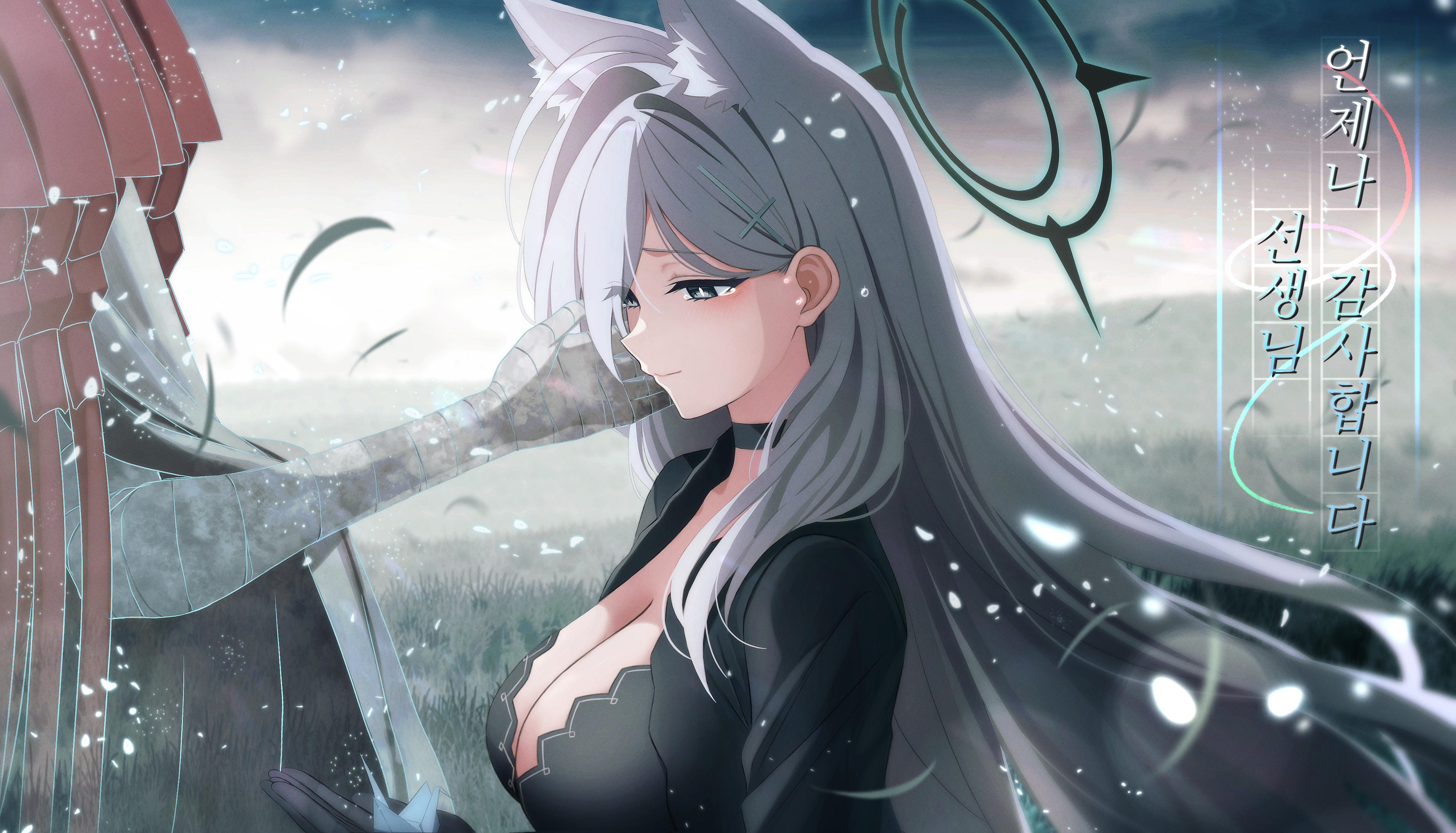 junu (jwoo5627), phrenapates (blue archive), shiroko terror (blue archive), blue archive, absurdres, highres, 1boy, 1girl, animal ears, bandaged arm, bandages, black choker, black dress, blue halo, blush, breasts, cape, choker, cleavage, closed mouth, dress, extra ears, fake animal ears, grey hair, hair behind ear, halo, hand on another's face, large breasts, long hair, red cape, smile, wolf boy, wolf ears