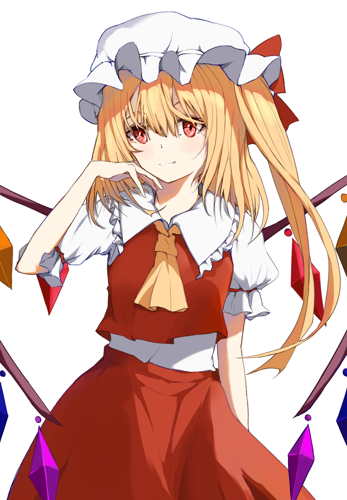 flandre scarlet, touhou, chinese commentary, commentary request, highres, 1girl, ascot, blonde hair, bow, bowtie, closed mouth, collared shirt, crystal, crystal wings, fang, fang out, frilled shirt collar, frills, hat, hat bow, light smile, looking at viewer, mob cap, multicolored wings, one side up, red bow, red eyes, red skirt, red vest, shirt, simple background, skirt, skirt set, solo, vest, white bow, white bowtie, white hat, wings, yellow ascot, yue ling (pixiv 91812246)