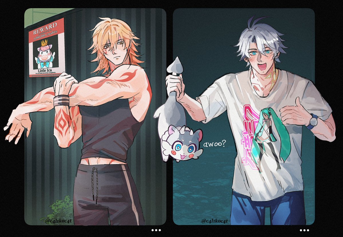 mydei (honkai: star rail), phainon (honkai: star rail), honkai: star rail, honkai (series), commentary, 2boys, alternate costume, animal, antenna hair, arm tattoo, black pants, black tank top, blonde hair, blue eyes, blue pants, blush, braid, c4l1k0c4t, closed mouth, collarbone, contemporary, cowboy shot, cross-body stretch, facial tattoo, fish, gradient hair, holding, holding animal, holding fish, looking at another, looking at poses to draw and (meme), looking at viewer, male focus, medium hair, meme, midriff peek, multicolored hair, multiple boys, open mouth, pants, red hair, red tattoo, shirt, short hair, side braid, single braid, sun symbol, sun tattoo, tan, tank top, tattoo, thumbs up, twitter username, watch, white hair, white shirt, wristwatch