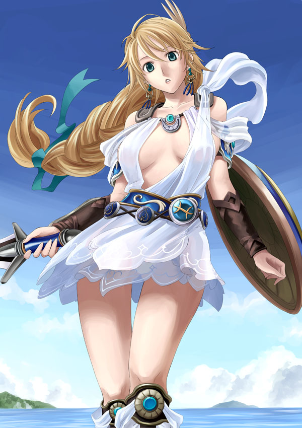 ryou (pixiv22748), sophitia alexandra, namco, soul calibur, soulcalibur, soulcalibur iv, 1girl, armor, armored dress, belt, blonde hair, blonde twist, blue eyes, braid, breasts, day, dress, earrings, elk shield, goddess bracelet, goddess guards, goddess headdress, goddess robe, green eyes, hair ornament, hair ribbon, jewelry, long hair, medium breasts, omega sword, panties, ribbon, see-through clothes, shield, sky, sword, underwear, weapon