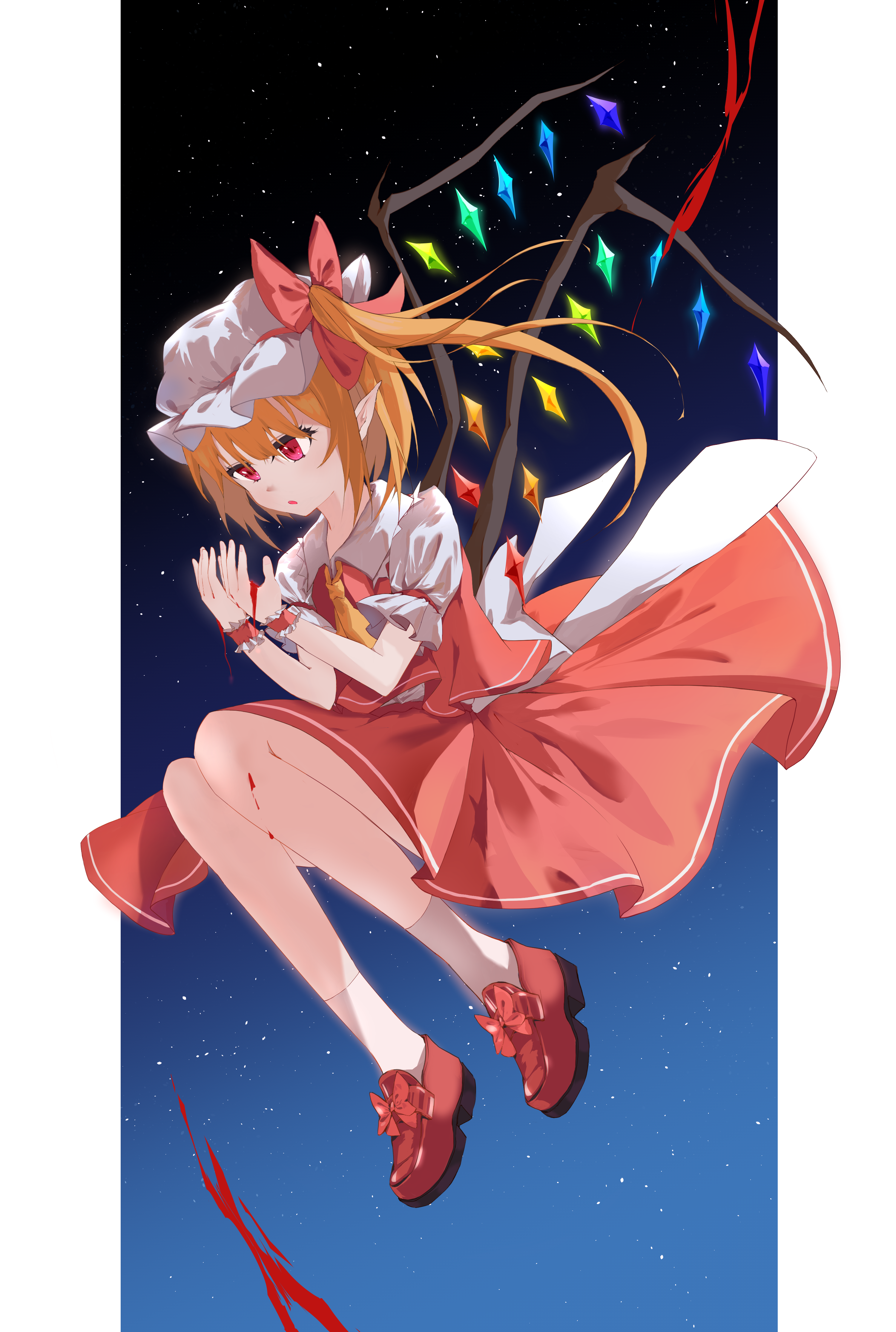 flandre scarlet, touhou, absurdres, commentary, highres, 1girl, ascot, back bow, blonde hair, blood, blood on hands, bow, collared shirt, crystal, crystal wings, hat, loafers, mob cap, multicolored wings, night, night sky, one side up, open mouth, pointy ears, red eyes, red shoes, red skirt, red vest, shirt, shoes, skirt, skirt set, sky, socks, solo, star (sky), vest, white bow, white hat, white socks, wings, wrist cuffs, yellow ascot, yue ling (pixiv 91812246)