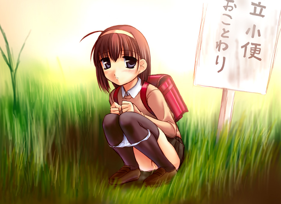 norizou type-r, translation request, 1girl, blue eyes, brown hair, cleft of venus, female focus, nature, outdoors, panties, panty pull, pee, peeing, plant, pussy, school uniform, serafuku, sketch, skirt, sky, solo, squatting, thighhighs, uncensored, underwear