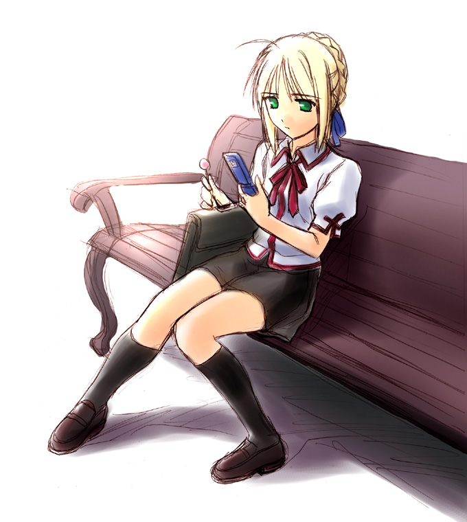 norizou type-r, artoria pendragon (fate), saber (fate), fate/stay night, fate (series), 00s, 1girl, ahoge, alternate costume, bench, black socks, blonde hair, cellphone, female focus, green eyes, homurabara academy school uniform, kneehighs, knees together feet apart, pencil skirt, phone, school uniform, serafuku, sitting, skirt, socks, solo
