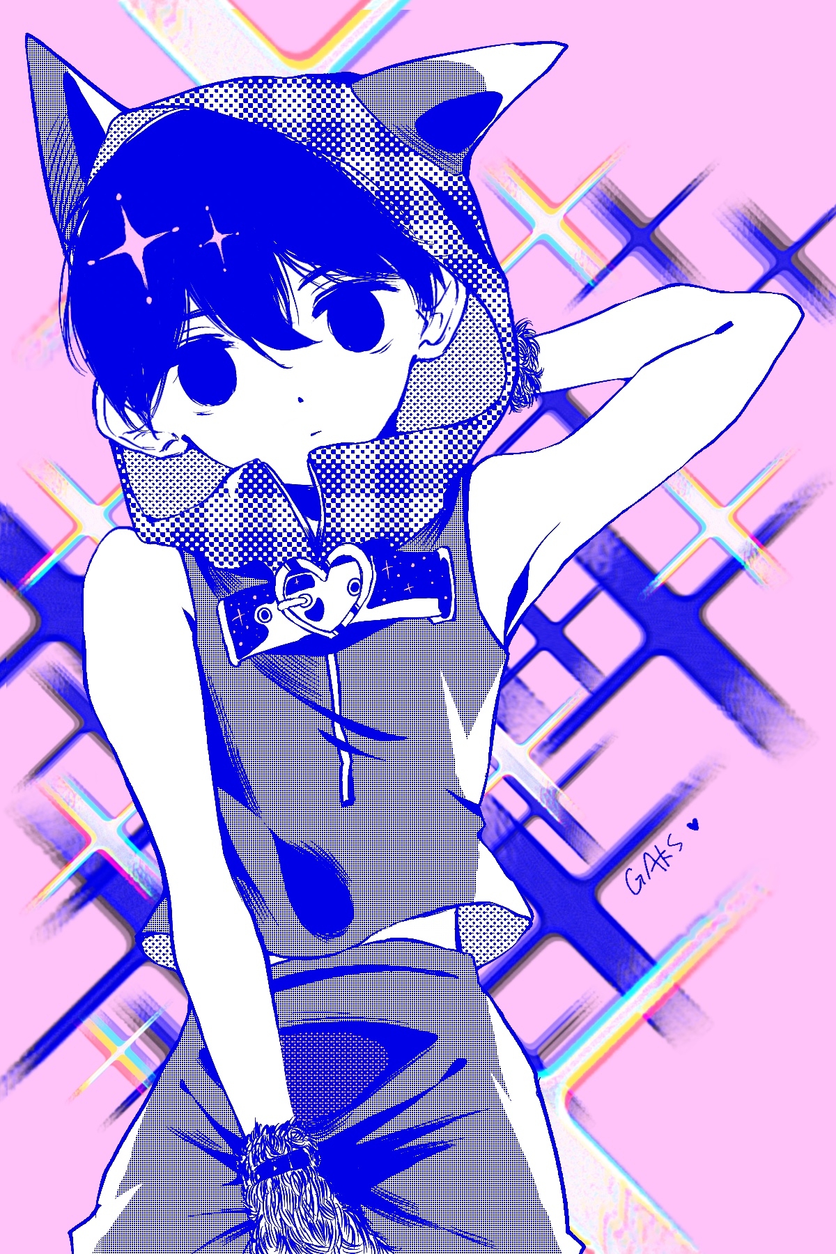 gaks030, omori (omori), omori, chinese commentary, commentary request, highres, 1boy, alternate costume, alternate eye color, alternate hair color, animal hood, arm behind head, armpits, artist name, bare arms, bare shoulders, blue eyes, blue hair, cat hood, chromatic aberration, closed mouth, colored skin, cowboy shot, double-parted bangs, empty eyes, grey jacket, grey shorts, hair behind ear, hair between eyes, halftone, heart, hood, hood up, hooded jacket, jacket, looking at viewer, male focus, midriff peek, no pupils, pink background, scrunchie, short hair, shorts, simple background, sleeveless, sleeveless jacket, solo, sparkle, sparkle background, standing, very short hair, white skin, wrist scrunchie