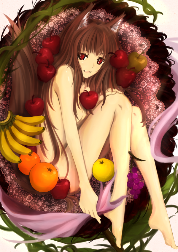 illusionk, holo, spice and wolf, 00s, 1girl, animal ears, apple, artistic error, banana, barefoot, brown hair, feet, female focus, food, fruit, grapes, holding, long hair, lying, nude, orange (fruit), red eyes, solo, tail, wolf ears, wolf tail