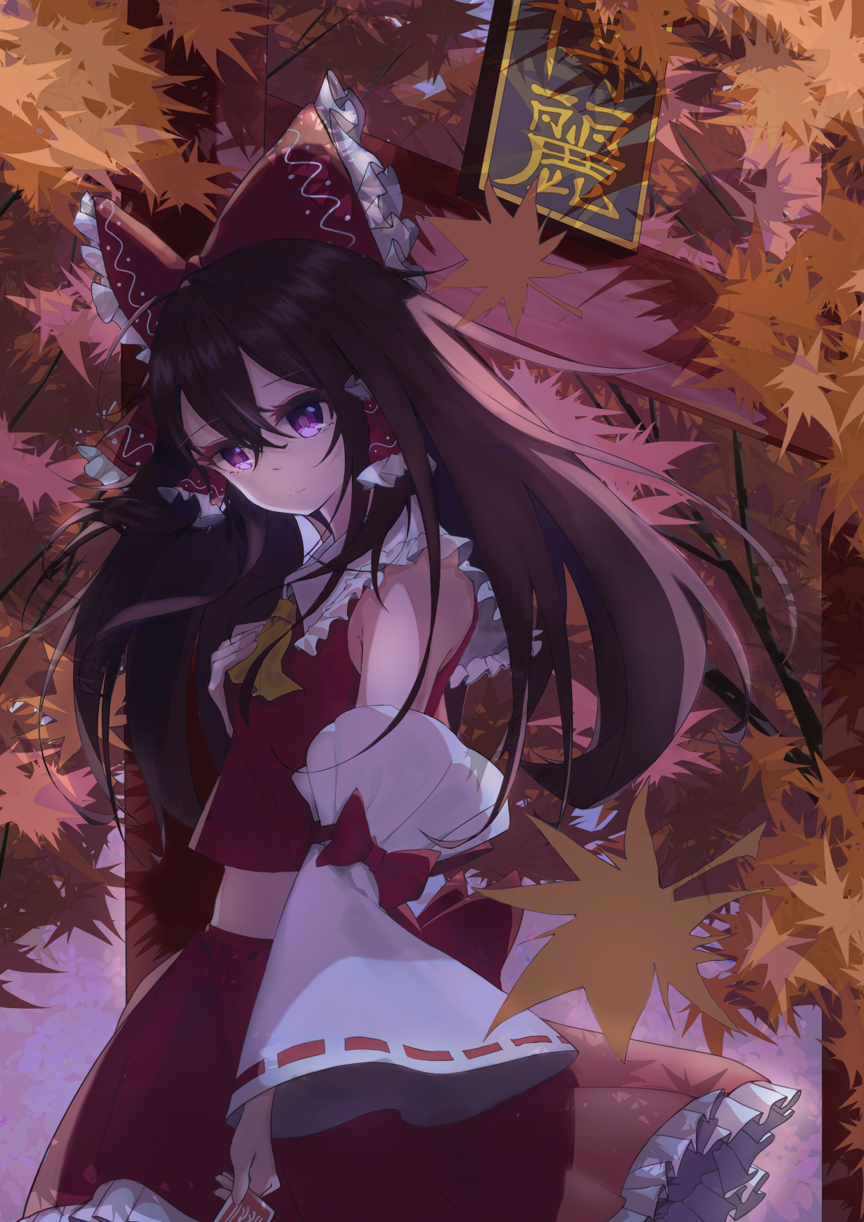 hakurei reimu, touhou, commentary, highres, 1girl, ascot, autumn leaves, bow, breasts, brown hair, closed mouth, detached sleeves, falling leaves, frilled bow, frilled hair tubes, frilled skirt, frills, hair bow, hair tubes, hand on own chest, holding, holding ofuda, leaf, light smile, long hair, looking at viewer, midriff, ofuda, pink eyes, red bow, red skirt, ribbon-trimmed sleeves, ribbon trim, skirt, skirt set, solo, torii, yellow ascot, yue ling (pixiv 91812246)