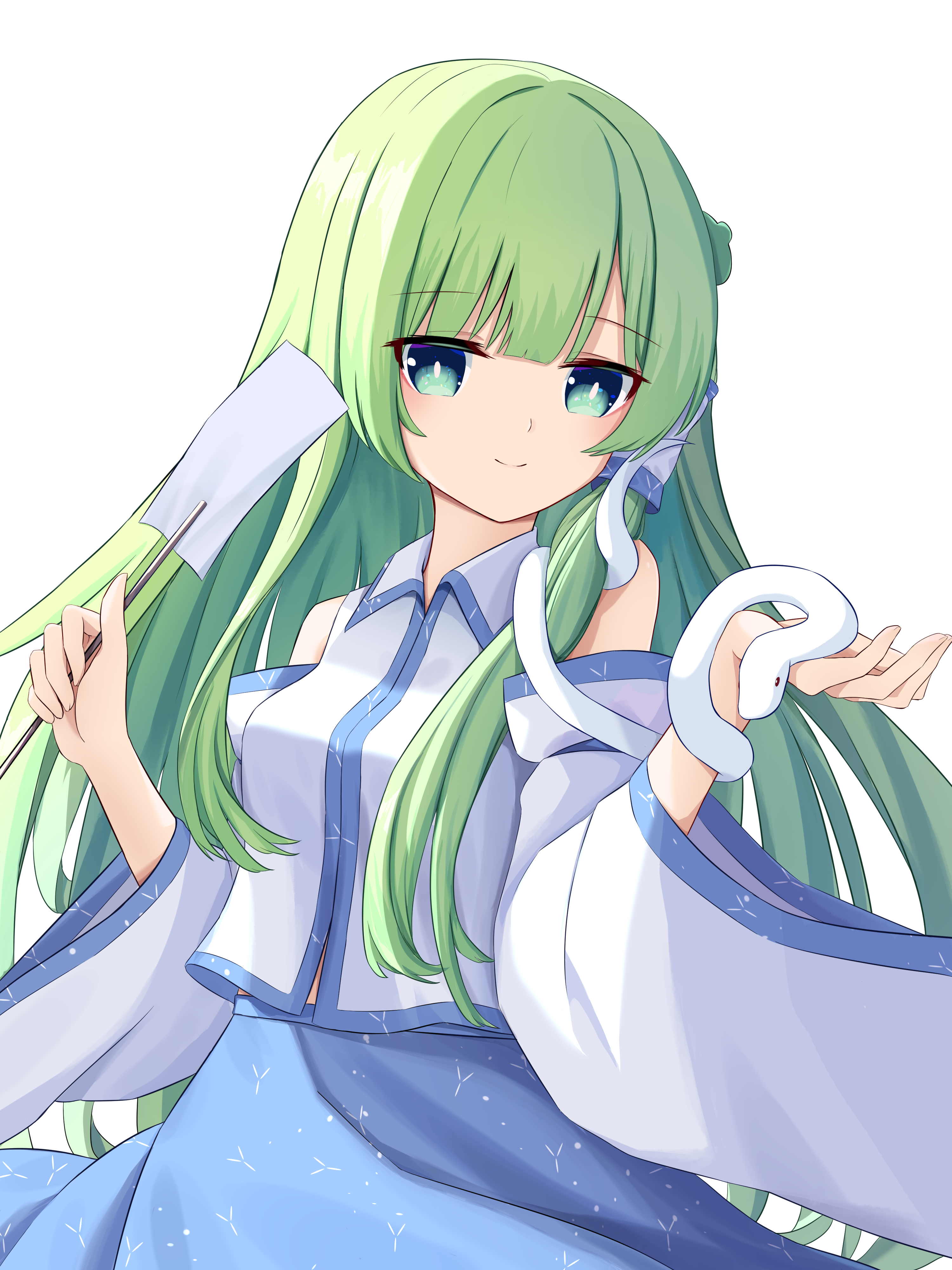 16sanrach, kochiya sanae, touhou, absurdres, commentary, highres, 1girl, blue skirt, breasts, closed mouth, detached sleeves, frog hair ornament, gohei, green eyes, green hair, hair ornament, hair tubes, holding, holding gohei, long hair, looking at viewer, simple background, single hair tube, skirt, smile, snake, snake hair ornament, solo, very long hair, white background, white snake