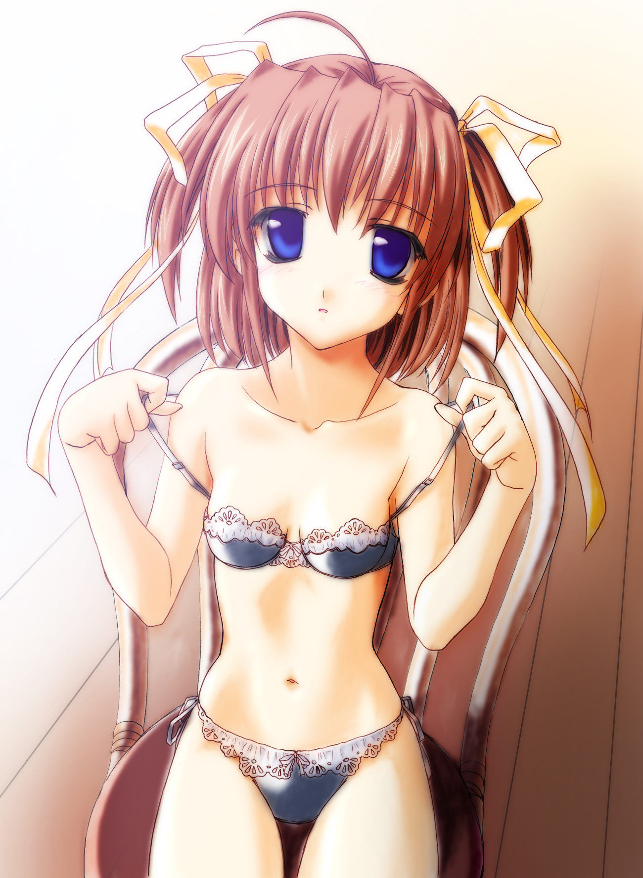 norizou type-r, asakura nemu, da capo, highres, 00s, 1girl, ahoge, blue eyes, blush, bra, brown hair, chair, female focus, flat chest, hair ribbon, lace, lace bra, lace panties, lingerie, navel, open mouth, panties, pink hair, ribbon, short hair, short twintails, side-tie panties, sitting, solo, thigh gap, thighs, twintails, two side up, underwear, underwear only, undressing