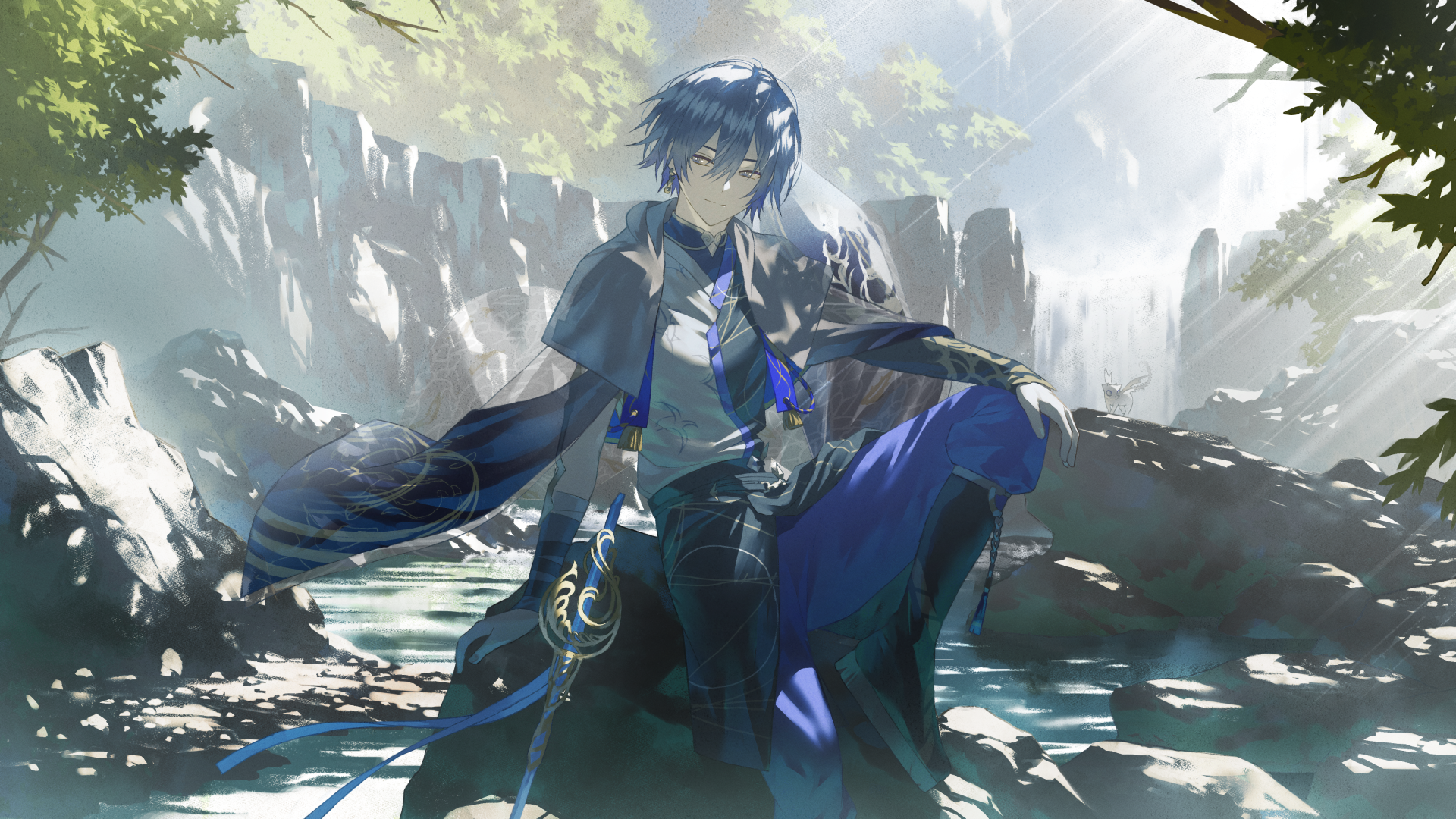 fagi (kakikaki), koyanagi rou, koyanagi rou (1st costume), nijisanji, commentary request, highres, 1boy, arm support, black boots, black cape, black shirt, blue hair, blue pants, boots, cape, cliff, dappled sunlight, full body, knee boots, letterboxed, long sleeves, looking to the side, male focus, on rock, outdoors, pants, shirt, short hair, sitting, smile, solo, sunlight, tree, two-tone shorts, virtual youtuber, water, waterfall, white shirt, yellow eyes
