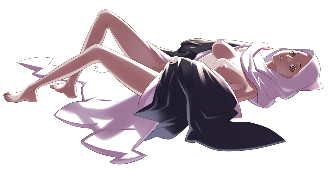 tensugi takashi, habit, bad id, bad pixiv id, 1girl, barefoot, breasts, brown eyes, feet, female focus, lying, nun, solo, topless female