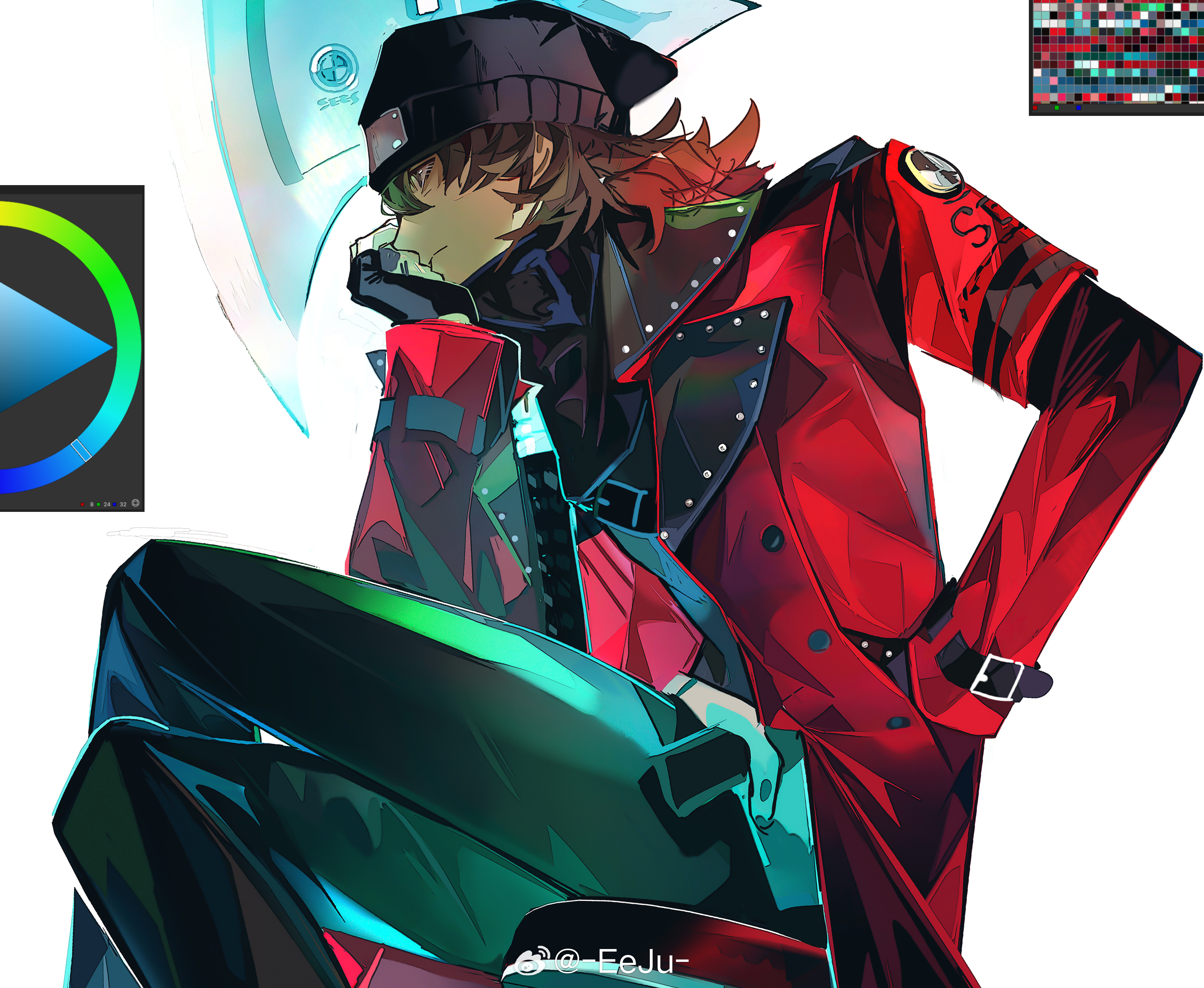 eeju, sanada akihiko, persona, persona 3, absurdres, highres, 1boy, art program in frame, axe, beanie, black gloves, black hat, black pants, brown hair, closed mouth, coat, fingerless gloves, gloves, hair between eyes, hat, long sleeves, male focus, pants, red coat, s.e.e.s, simple background, solo, white background