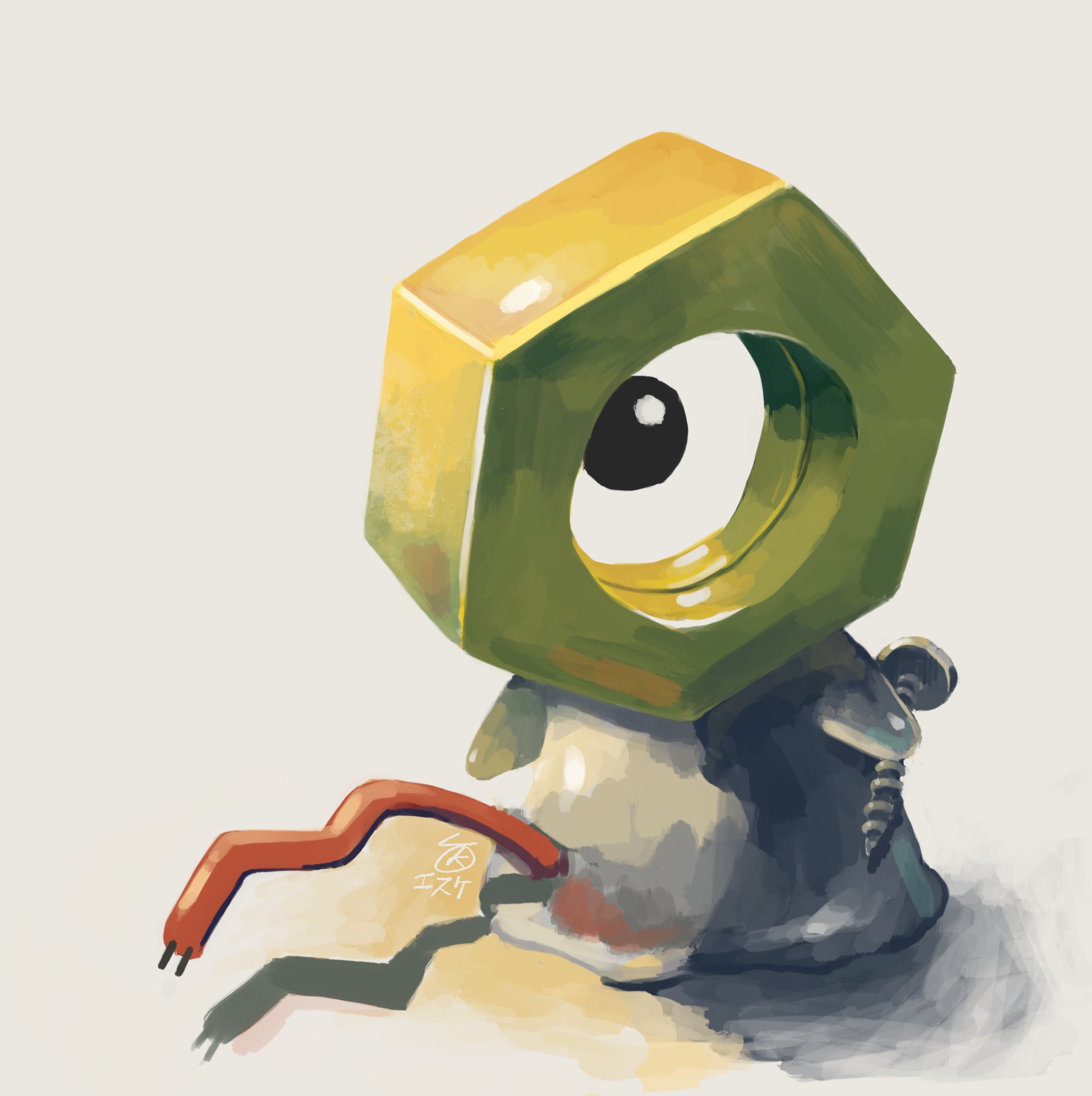 esuke coil, meltan, nintendo, pokemon, highres, bolt (hardware), cable, full body, gen 7 pokemon, metal skin, mythical pokemon, no humans, nut (hardware), pokemon (creature), pokemon focus, screw, simple background, solo