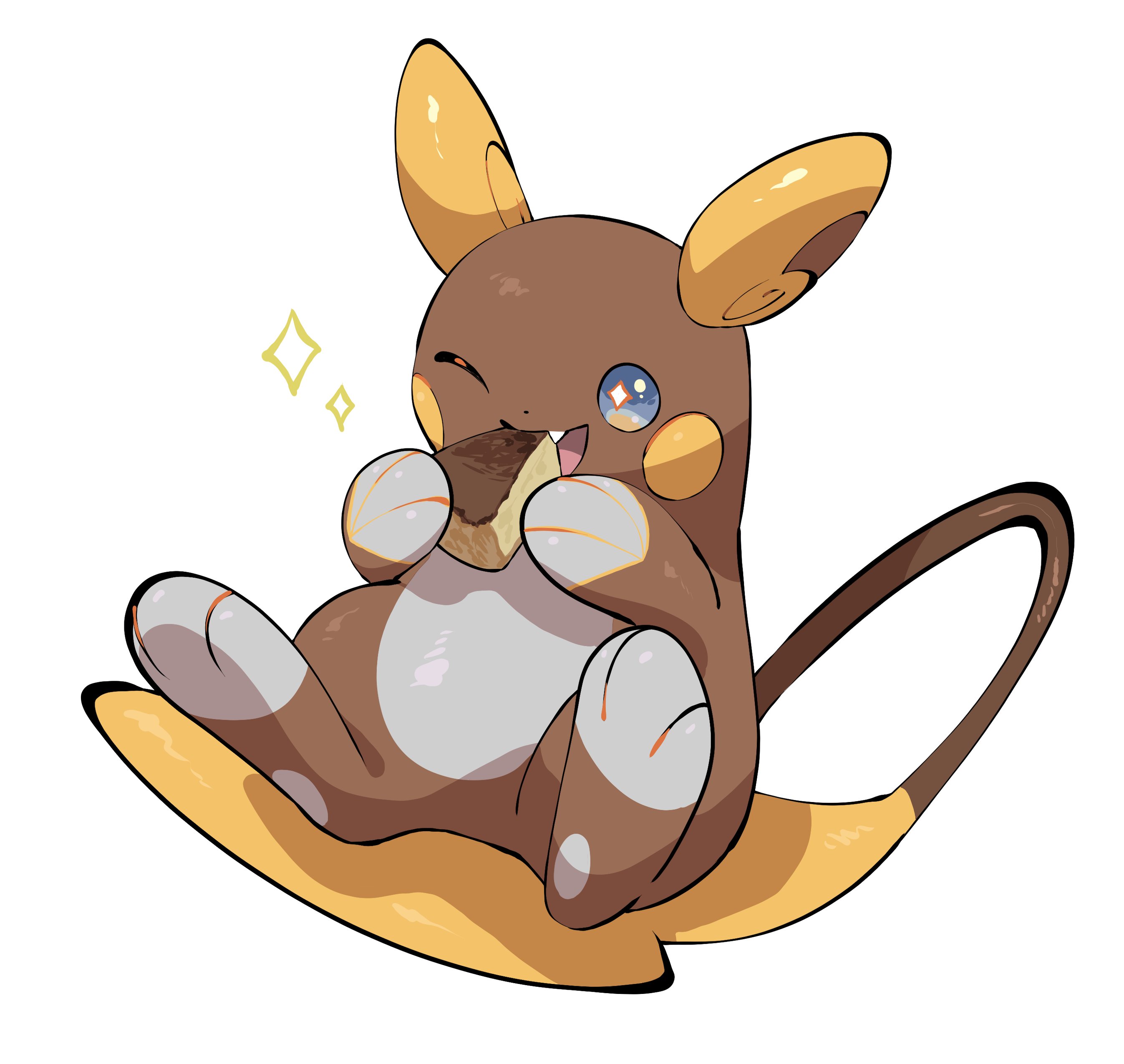 nullma, alolan raichu, nintendo, pokemon, absurdres, highres, alolan form, alternate color, blue eyes, cake, eating, food, gen 7 pokemon, holding, looking at viewer, no humans, open mouth, pokemon (creature), pokemon focus, shiny pokemon, simple background, smile, star (symbol), star in eye, symbol in eye, tail, white background, winking (animated)