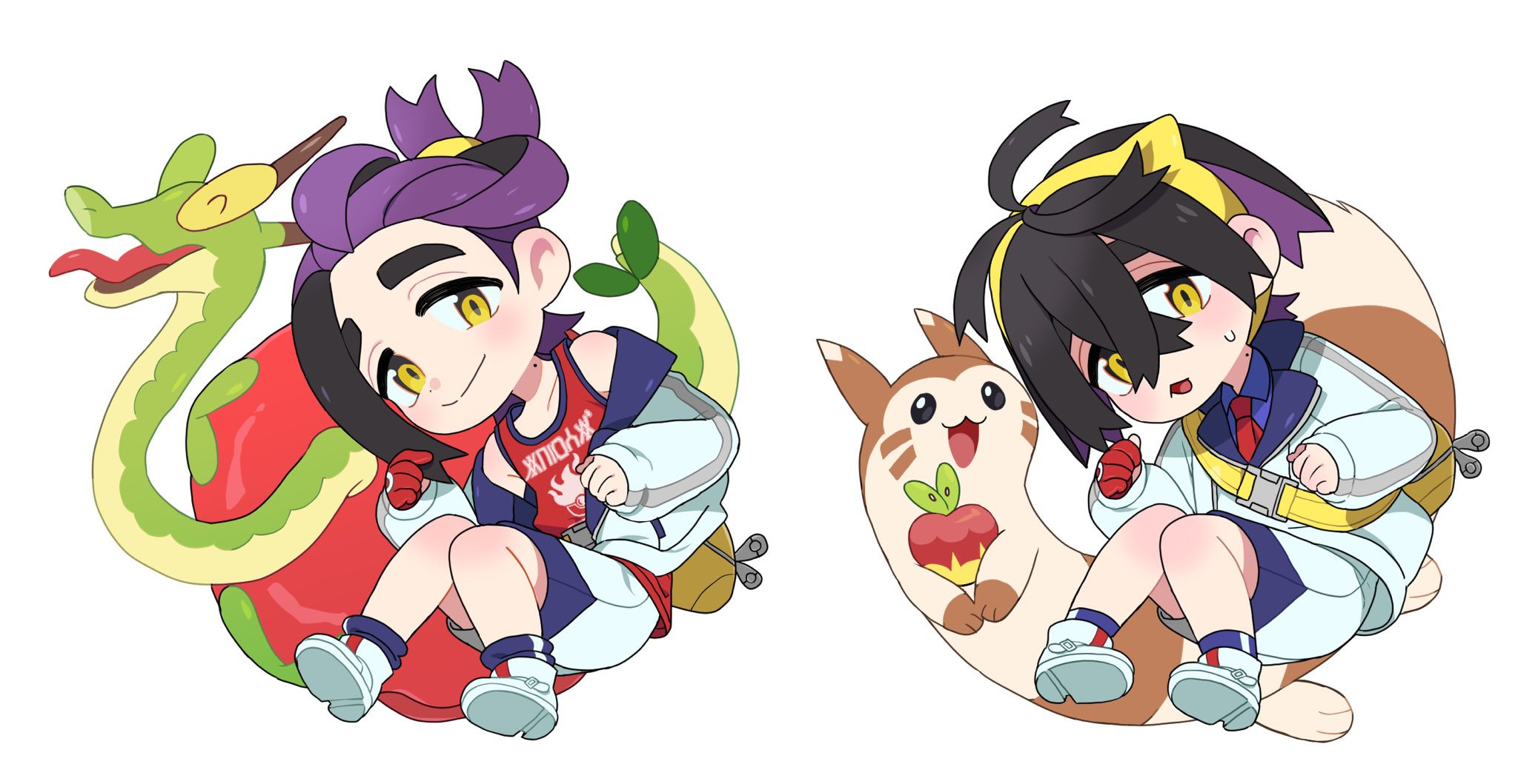 peeking pickle, applin, furret, hydrapple, kieran (pokemon), nintendo, pokemon, pokemon sv, commentary request, highres, korean commentary, 1boy, ^ ^, black hair, blue shirt, blue socks, chibi, chibi only, closed eyes, closed mouth, collared shirt, crossed bangs, gen 2 pokemon, gen 8 pokemon, gloves, hair between eyes, hairband, jacket, long sleeves, looking at viewer, male focus, mole, mole on neck, multicolored hair, multiple views, off shoulder, open clothes, open jacket, open mouth, partially fingerless gloves, pokemon (creature), purple hair, red gloves, red tank top, shirt, shoes, shorts, simple background, single glove, socks, sweat, tank top, tongue, white background, white jacket, white shoes, white shorts, yellow bag, yellow eyes, yellow hairband