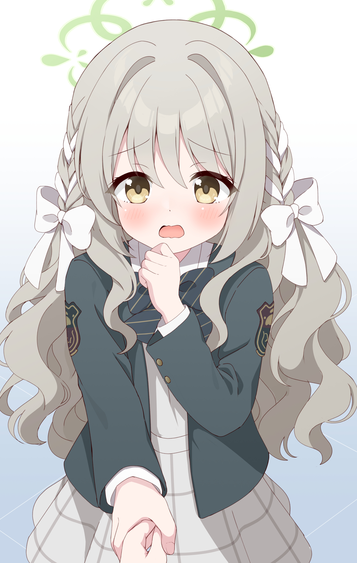 azel (laevateinn495), miyo (blue archive), blue archive, commentary request, highres, 1girl, blush, bow, bowtie, brown hair, brown skirt, checkered clothes, checkered skirt, chestnut mouth, diagonal-striped bow, diagonal-striped bowtie, diagonal-striped clothes, gradient background, green bow, green bowtie, green jacket, grey background, hair bow, halo, hand up, holding hands, jacket, long hair, long sleeves, looking at viewer, sidelocks, skirt, solo, striped bow, striped bowtie, striped clothes, tearing up, wavy hair, white bow, yellow eyes