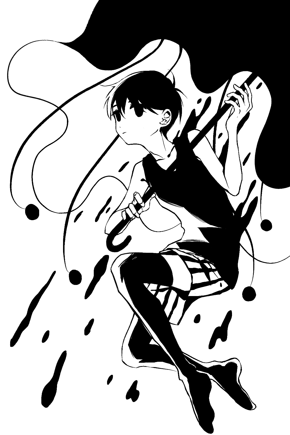 gaks030, omori (omori), omori, chinese commentary, commentary request, highres, 1boy, antenna hair, bare arms, bare shoulders, closed mouth, double-parted bangs, empty eyes, expressionless, full body, greyscale, hair behind ear, hair between eyes, hand up, high contrast, holding, holding umbrella, jumping, looking at viewer, male focus, monochrome, no pupils, no shoes, short hair, shorts, simple background, solo, striped clothes, striped shorts, tank top, thighhighs, two-tone shorts, umbrella, vertical-striped clothes, vertical-striped shorts, very short hair, white background