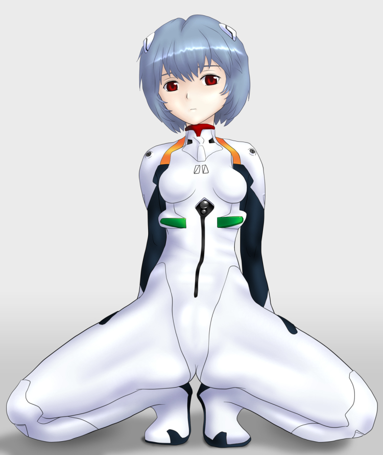 dc high voltage, ayanami rei, neon genesis evangelion, blue hair, kneeling, mecha pilot suit, plugsuit (evangelion), red eyes, short hair, solo, spread legs, squatting