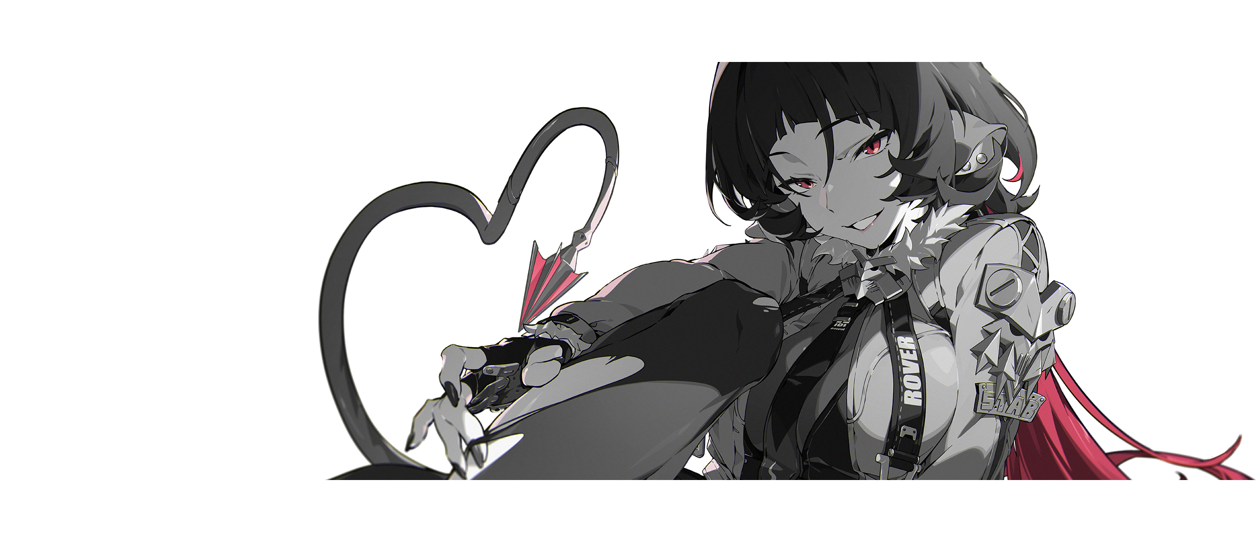 jane doe (zenless zone zero), zenless zone zero, highres, official art, 1girl, animal ear piercing, animal ears, arched bangs, breasts, cropped jacket, ear piercing, fingerless gloves, fingernails, fur-trimmed jacket, fur trim, gloves, grin, jacket, knee up, large breasts, long fingernails, long hair, long sleeves, looking at viewer, mindscape cinema (zenless zone zero), mouse ears, mouse girl, mouse tail, multicolored hair, nail polish, necktie, pantyhose, parted lips, piercing, red eyes, red hair, sharp tail, shirt, smile, solo, tail, torn clothes, torn pantyhose, transparent background, upper body