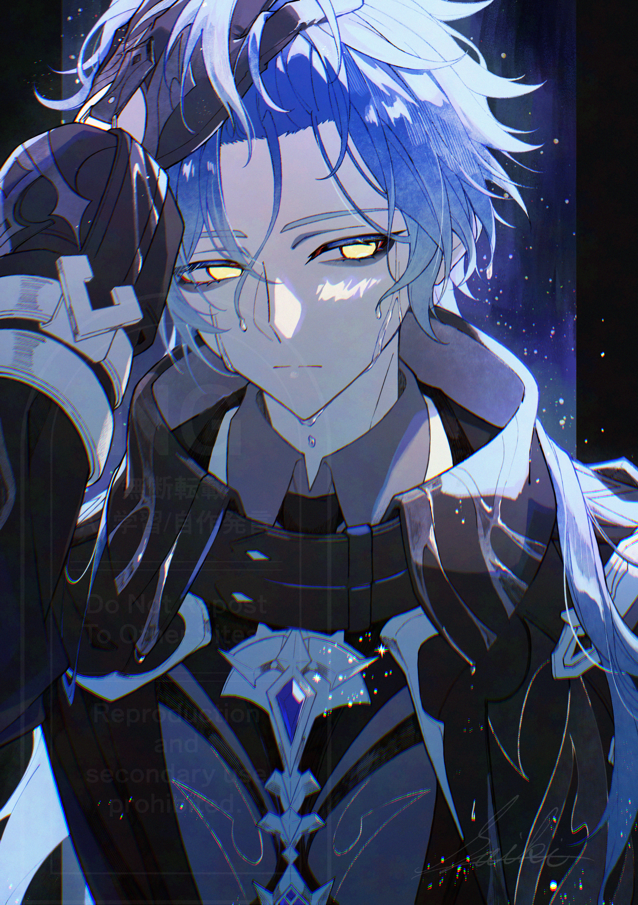saiki (leosetunakia), flins (genshin impact), genshin impact, absurdres, commentary request, highres, 1boy, bangs pinned back, black background, black gloves, black jacket, blue background, blue hair, border, collared shirt, empty eyes, frown, gloves, grey shirt, high collar, jacket, long hair, long sleeves, looking to the side, male focus, shirt, sidelocks, solo, upper body, very long hair, watermark, wet, yellow eyes