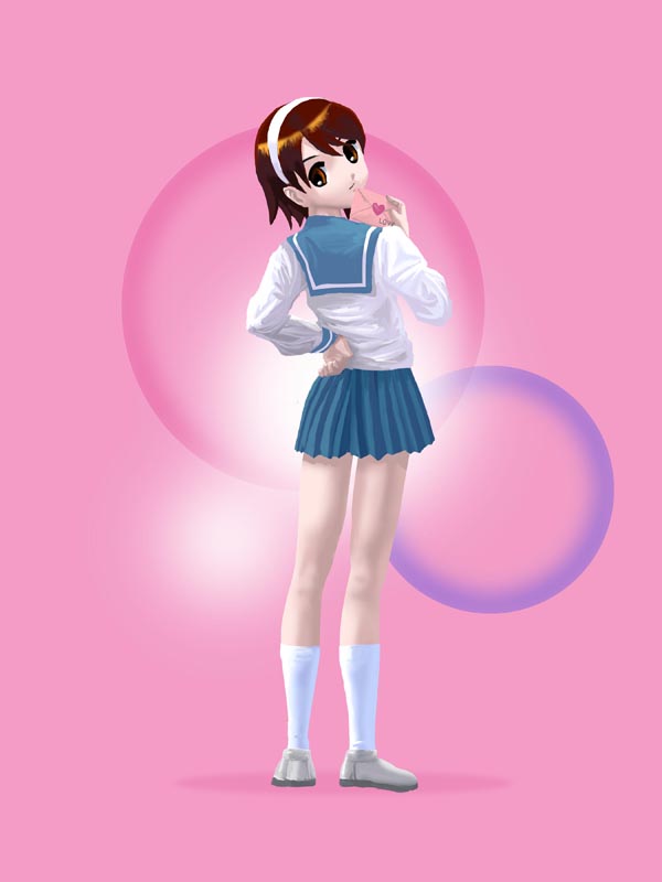 fuura kafuka, sayonara zetsubou sensei, non-web source, 00s, 1girl, brown eyes, brown hair, envelope, female focus, full body, hairband, letter, looking back, school uniform, serafuku, shoes, short hair, socks, solo, standing
