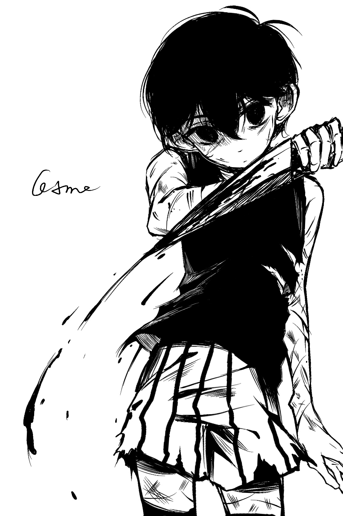 gaks030, omori (omori), omori, chinese commentary, commentary request, highres, 1boy, antenna hair, arm at side, bare arms, bare shoulders, blood, bloody knife, bruise, bruise on arm, bruise on face, bruise on leg, closed mouth, contrapposto, double-parted bangs, empty eyes, expressionless, foreshortening, from below, greyscale, hair behind ear, hair between eyes, hatching (texture), high contrast, holding, holding knife, injury, knife, looking at viewer, male focus, monochrome, no pupils, scar, scar on arm, scar on face, scar on leg, short hair, shorts, simple background, solo, standing, striped clothes, striped shorts, tank top, thighhighs, torn clothes, torn tank top, two-tone shorts, vertical-striped clothes, vertical-striped shorts, very short hair, white background