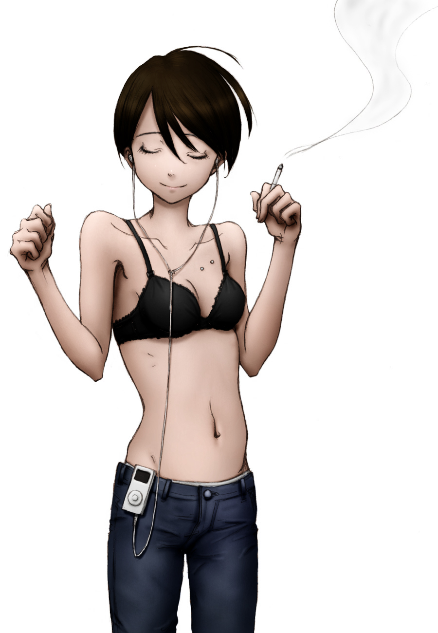 siraha, original, bad id, bad pixiv id, highres, 1girl, ahoge, bare shoulders, black bra, black hair, bra, brown hair, cigarette, closed eyes, closed mouth, denim, digital media player, earbuds, earphones, female focus, holding, holding cigarette, ipod, ipod nano, ipod nano 1g, jeans, lingerie, navel, panties, pants, panty peek, piercing, short hair, simple background, smile, smoke, smoking, solo, standing, underwear, white background, white panties