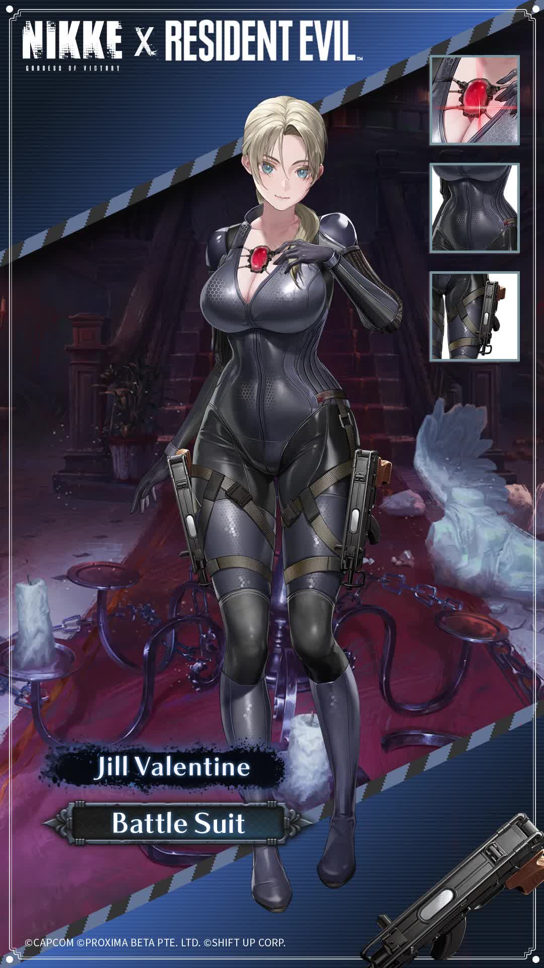 jill valentine, goddess of victory: nikke, resident evil, resident evil 5, animated, audible speech, english audio, highres, official art, sound, tagme, video, 1girl, alternate costume, black bodysuit, black boots, blonde hair, blue eyes, bodysuit, boots, bouncing breasts, breasts, chandelier, cleavage, collarbone, crossover, curvy, dual wielding, firing, gun, handgun, holding, holding gun, holding weapon, holster, jill valentine (battle suit) (nikke), large breasts, long hair, looking at viewer, red carpet, skorpion vz. 61, solo, stairs, standing, submachine gun, thick thighs, thigh holster, thighs, weapon, wide hips
