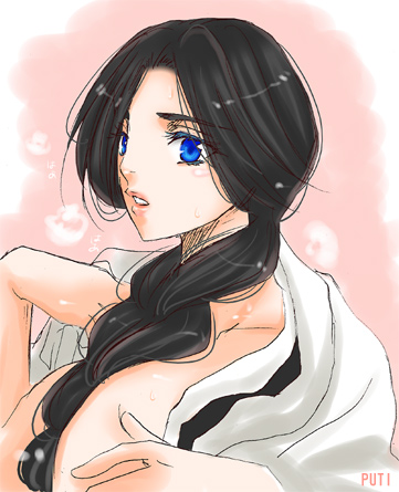 putimaxi, unohana retsu, bleach, lowres, 00s, 1girl, black hair, blue eyes, braid, breasts, cleavage, female focus, front braid, front ponytail, huge breasts, single braid, solo