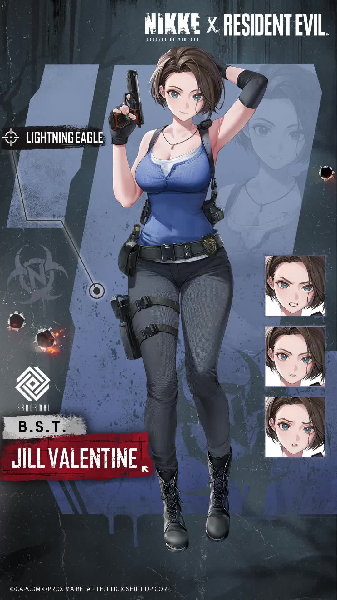 jill valentine, goddess of victory: nikke, resident evil, animated, audible speech, english audio, highres, official art, sound, tagme, video, 1girl, arm up, armpits, belt, beretta 92, black belt, black boots, black gloves, black pants, blue shirt, boots, bouncing breasts, breasts, cleavage, covered navel, curvy, fingerless gloves, forehead, full body, gloves, gun, handgun, holding, holding gun, holding weapon, jewelry, large breasts, magazine (weapon), necklace, pants, pouch, reloading, shirt, short hair, sleeveless, sleeveless shirt, smile, solo, standing, thigh pouch, thigh strap, weapon, wide hips
