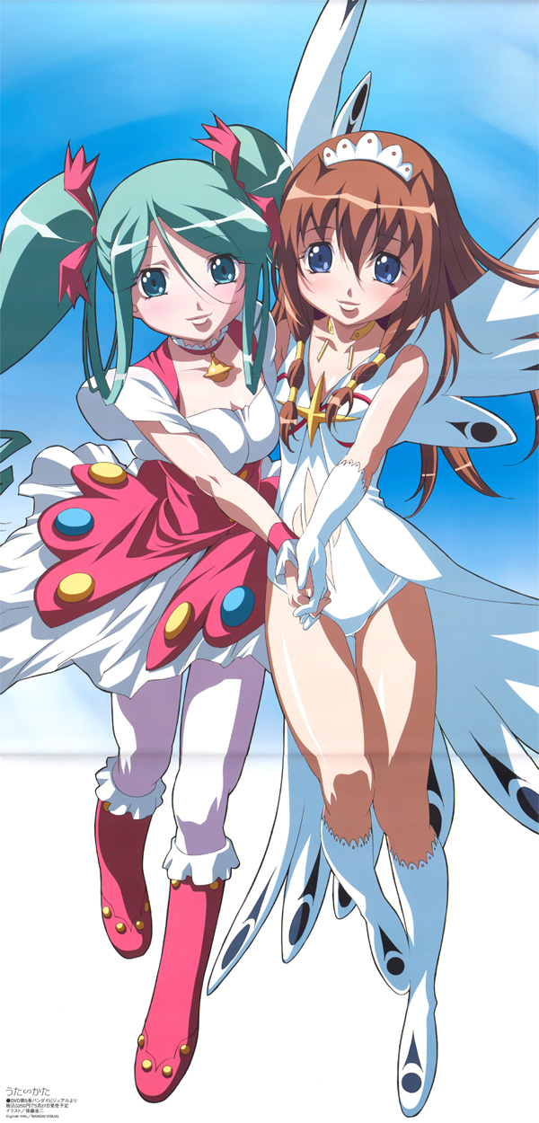gotoh keiji, gotou keiji, kuroki manatsu, tachibana ichika, utakata, highres, 00s, 2girls, bell, blue eyes, brown hair, collar, crown, green eyes, green hair, hat, ichika tachibana, leotard, long hair, manatsu kuroki, multiple girls, neck bell, pantyhose, ribbon, scanlines, skirt, twintails