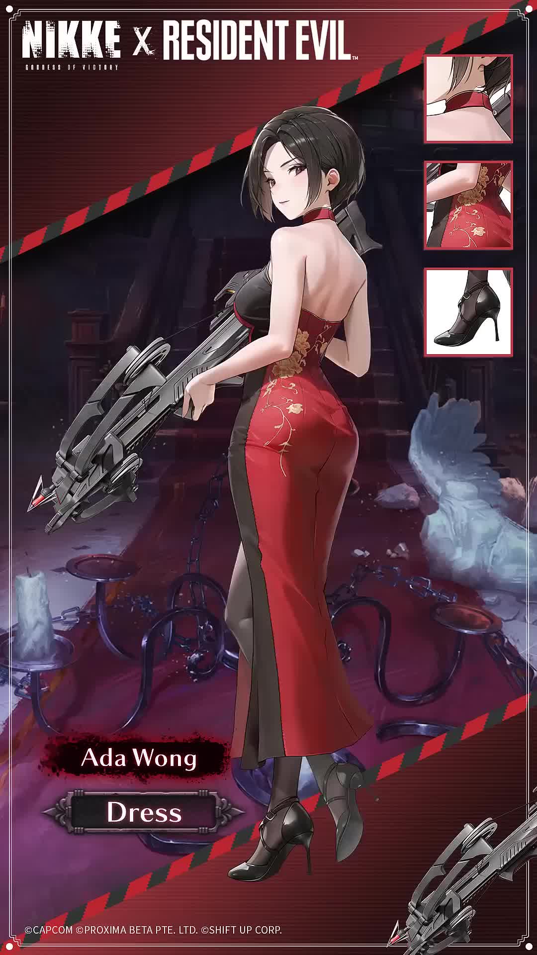 ada wong, goddess of victory: nikke, resident evil, animated, audible speech, english audio, highres, official art, sound, tagme, video, 1girl, ada wong (dress) (nikke), black dress, black hair, black pantyhose, black shoes, bouncing ass, bouncing breasts, bow (weapon), breasts, candle, candlestand, china dress, chinese clothes, collarbone, crossbow, crossover, curvy, dress, full body, high heels, holding, holding crossbow, holding weapon, indoors, large breasts, looking at viewer, looking back, multicolored dress, official alternate costume, pantyhose, red carpet, red dress, shoes, short hair, shoulder blades, smile, solo, stairs, standing, weapon, wide hips