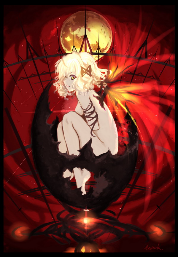 illusionk, bell zephyr, night wizard, 00s, barefoot, blonde hair, moon, nude, short hair, solo, wings, yellow eyes