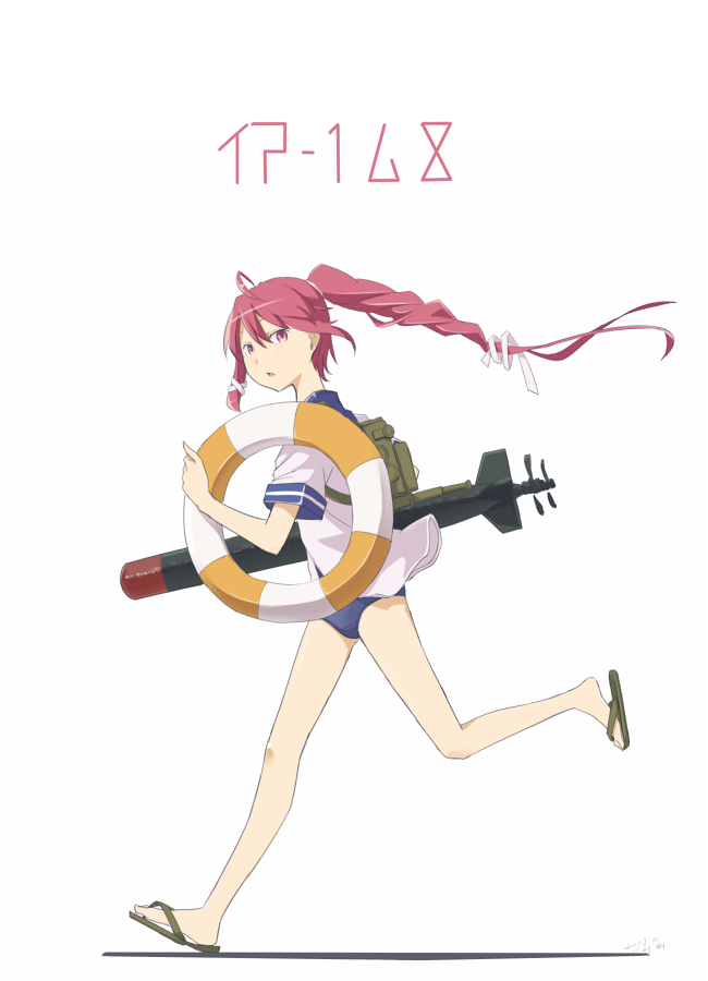 kawashina (momen silicon), i-168 (kancolle), kantai collection, commentary, 1girl, blue one-piece swimsuit, character name, from side, hair ribbon, holding, holding swim ring, innertube, lifebuoy, long hair, looking at viewer, low-tied long hair, one-piece swimsuit, parted lips, ponytail, red eyes, red hair, ribbon, running, sandals, short sleeves, simple background, solo, swim ring, swimsuit, torpedo, white background, white ribbon