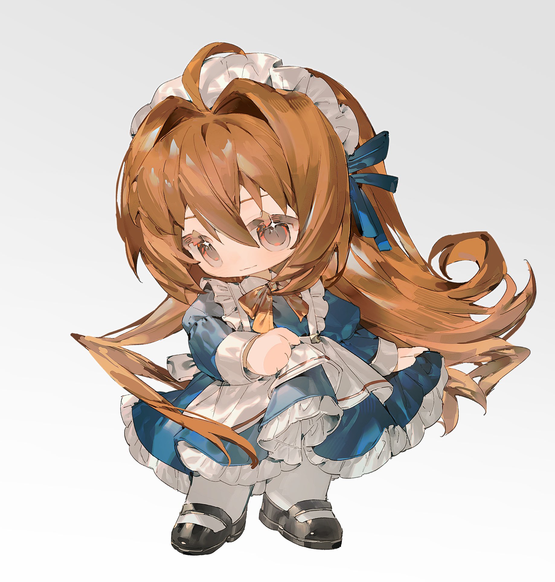 jinkakubousou, estelle bright, eiyuu densetsu, sora no kiseki, highres, 1girl, ahoge, antenna hair, apron, brown hair, chibi, closed mouth, clothes lift, double-parted bangs, dress, dress lift, floating hair, full body, gradient background, grey background, hair between eyes, hair intakes, long hair, looking at viewer, maid, maid apron, maid headdress, mary janes, red eyes, shoes, simple background, smile, solo