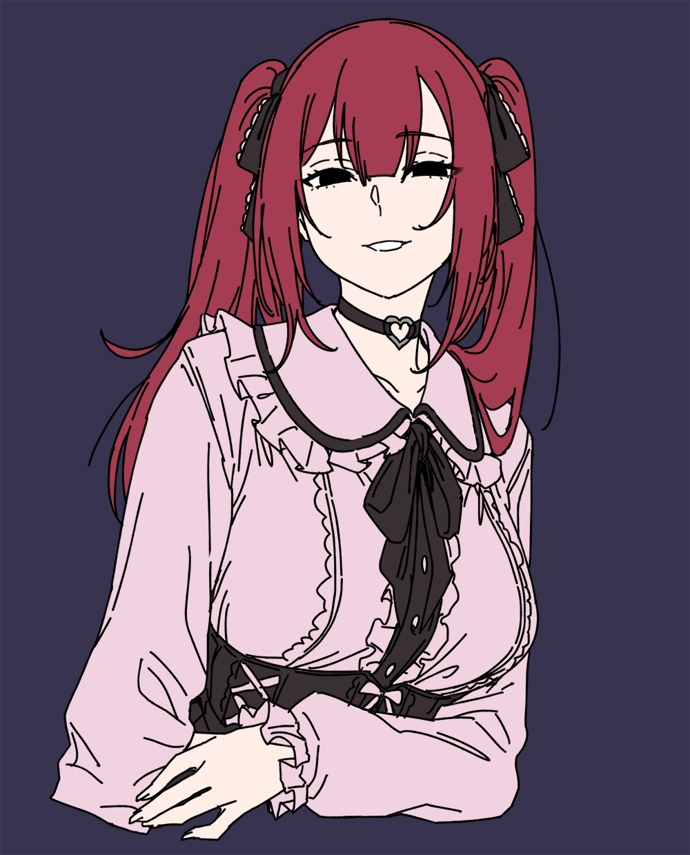 houtengeki, original, highres, 1girl, black eyes, bow, choker, frilled shirt, frilled sleeves, frills, grin, hair ornament, heart, heart o-ring, heart ring choker, jirai kei, long sleeves, o-ring, o-ring choker, pink shirt, red hair, ribbon, shirt, smile, twintails, upper body