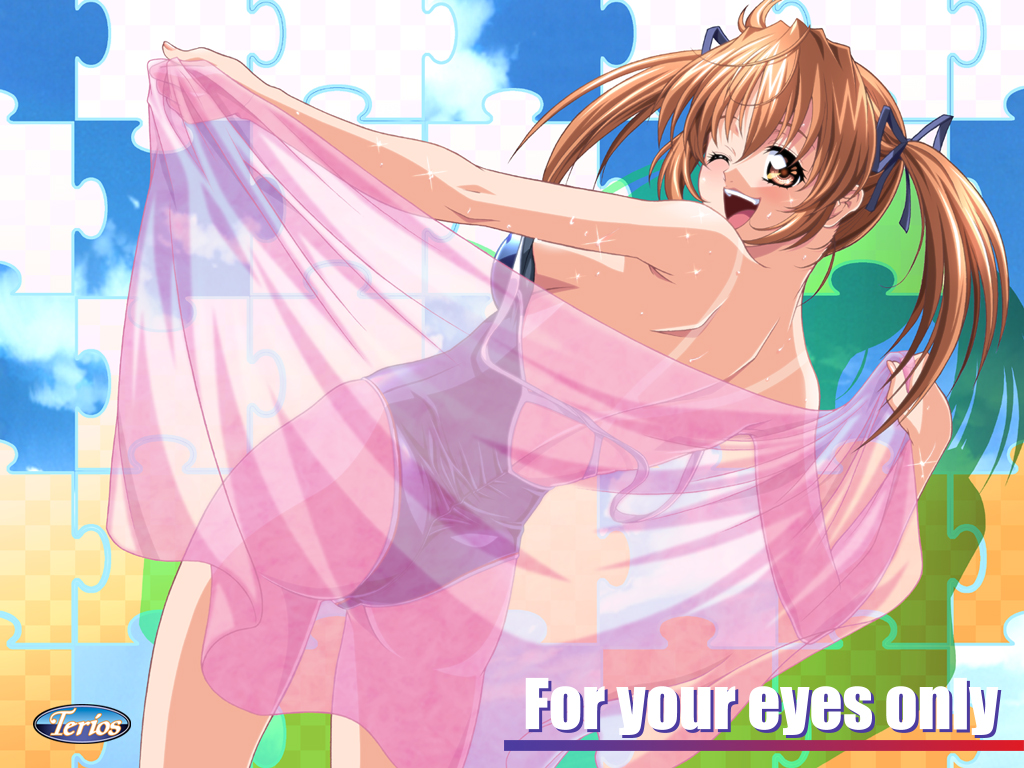 non-web source, 1girl, ass, back, blush, brown eyes, brown hair, female focus, looking back, one-piece swimsuit, one eye closed, see-through clothes, short hair, solo, strap slip, swimsuit, towel, twintails, wet
