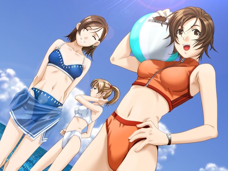 rin kyoutarou, kamimai eri, miyokawa nanao, ousaka natsuki, hachigatsu no nostalgia, game cg, non-web source, 3girls, ball, beach, beachball, bikini, brown eyes, brown hair, day, dutch angle, multiple girls, short hair, swimsuit
