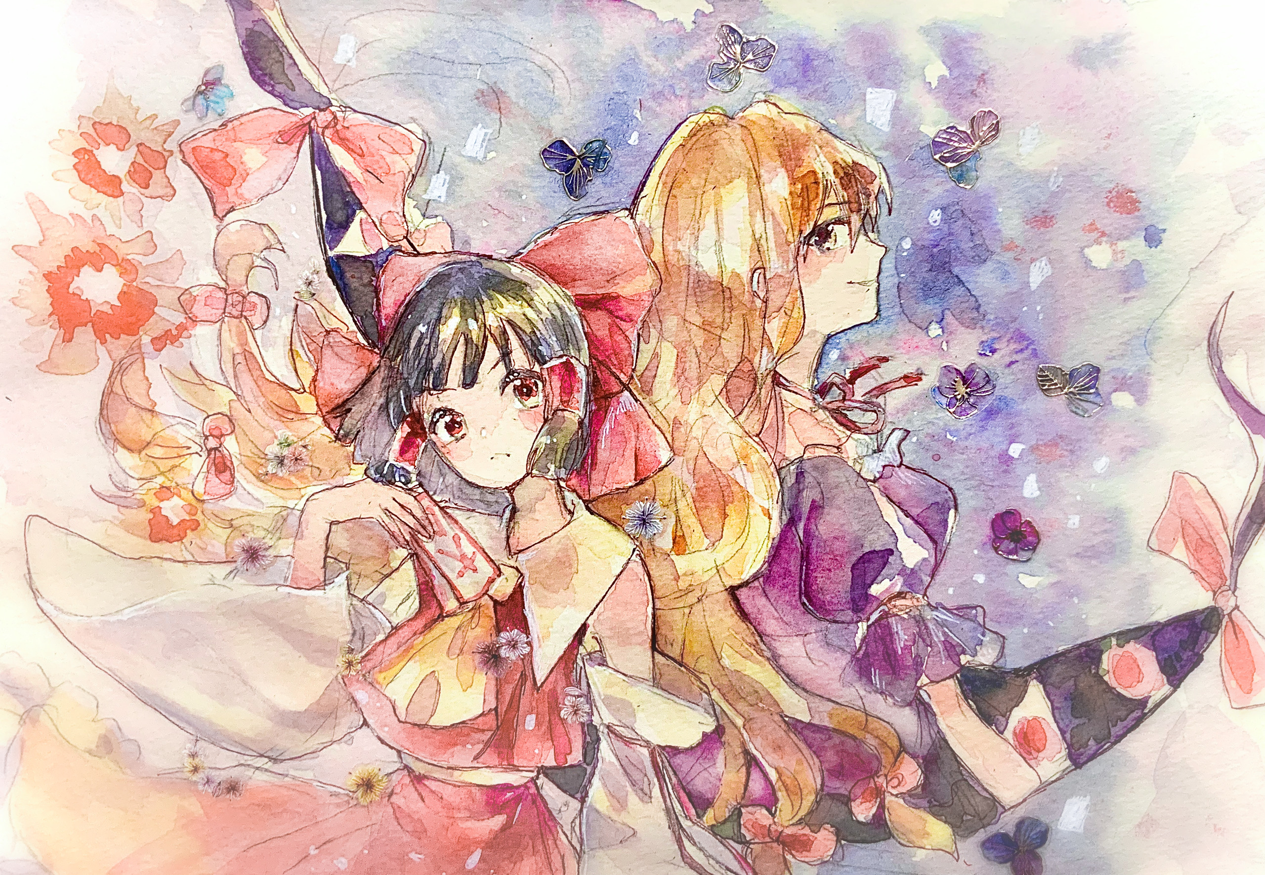 navybluesparrow, hakurei reimu, yakumo yukari, touhou, commentary request, highres, painting (medium), traditional media, watercolor (medium), 2girls, ascot, blonde hair, bow, brown hair, choker, closed mouth, detached sleeves, dress, frilled bow, frills, gap (touhou), hair bow, hair tubes, holding, holding ofuda, long hair, looking at viewer, multiple girls, no headwear, ofuda, purple dress, red bow, red eyes, red ribbon, red skirt, ribbon, ribbon choker, short sleeves, skirt, skirt set, smile, yellow ascot