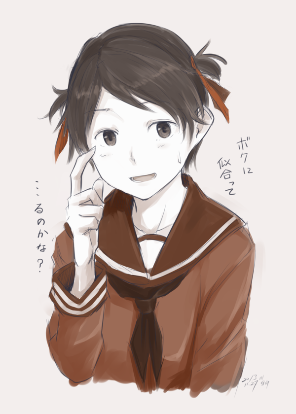 kawashina (momen silicon), mogami (kancolle), kantai collection, commentary request, translation request, 1girl, alternate hairstyle, blush, cropped torso, dated, hair ribbon, long sleeves, looking at viewer, monochrome, neckerchief, open mouth, red ribbon, red theme, ribbon, sailor collar, school uniform, serafuku, short hair, short twintails, signature, simple background, solo, twintails, upper body