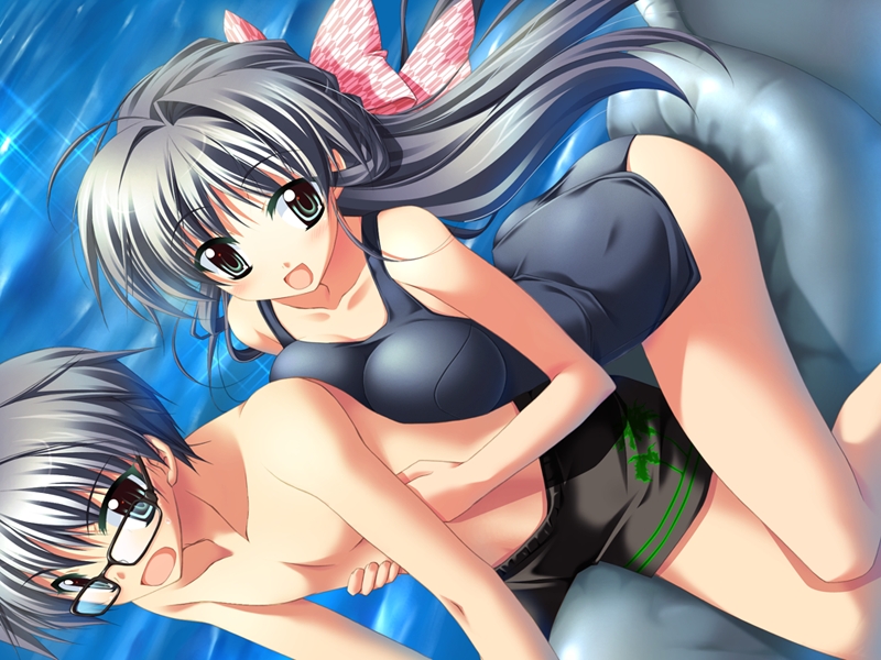 emoto aki, emoto yuriko, asanagi no aquanauts, silver hair, game cg, non-web source, 1boy, 1girl, black hair, breast press, breasts, brother and sister, brown eyes, glasses, green eyes, hair ribbon, inflatable raft, large breasts, long hair, one-piece swimsuit, ribbon, school swimsuit, siblings, swimsuit