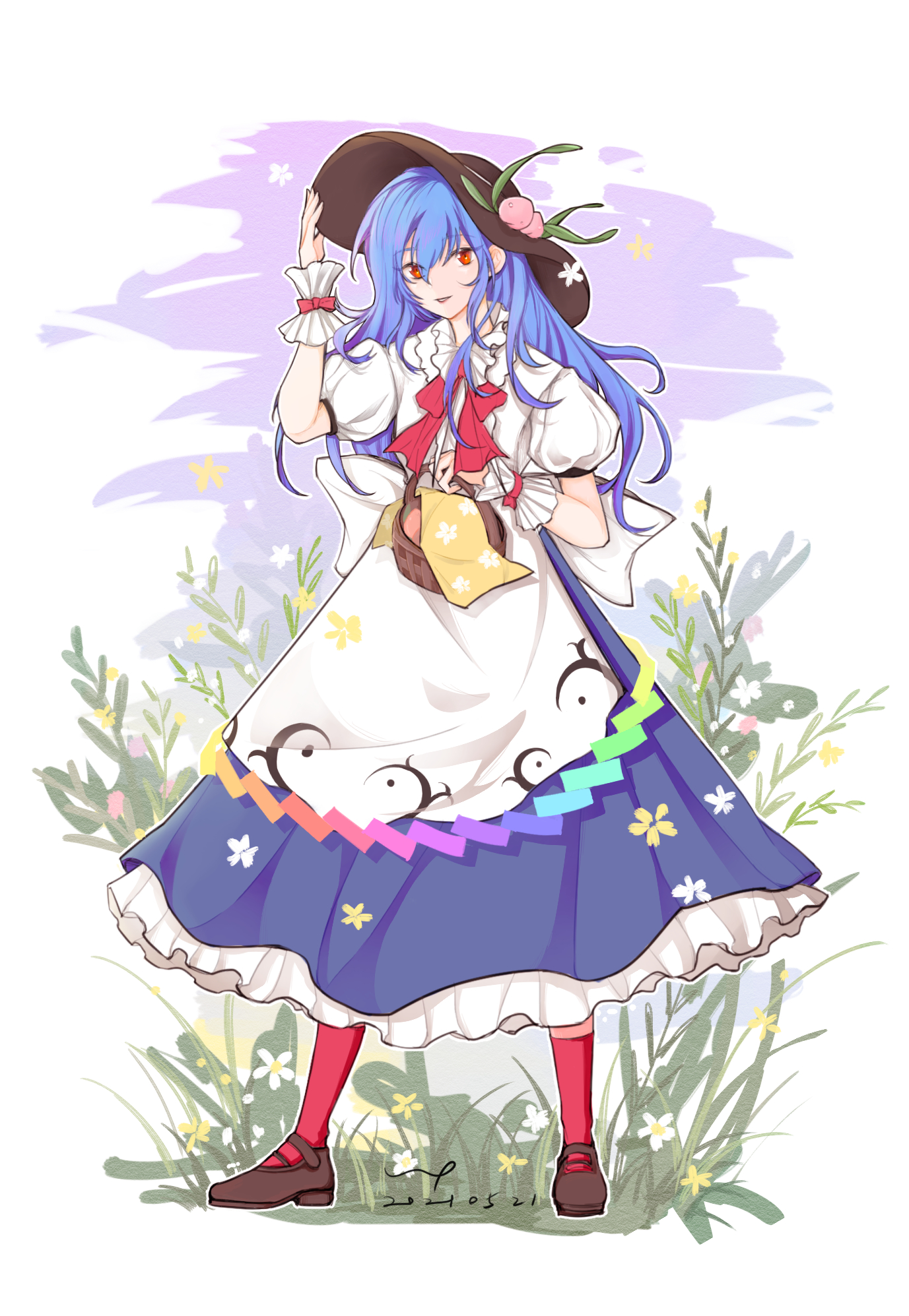 hinanawi tenshi, touhou, highres, 1girl, apron, basket, blue hair, blue skirt, bow, bowtie, brown hat, brown shoes, center frills, collared shirt, dated, flower, frilled apron, frilled skirt, frilled wrist cuffs, frills, hand on headwear, hat, hat ornament, holding, holding basket, leaf hat ornament, long grass, long hair, long skirt, looking at viewer, peach hat ornament, puffy short sleeves, puffy sleeves, purple background, rainbow gradient rope, red bow, red bowtie, red eyes, red ribbon, red shoes, ribbon, rope, shirt, shoes, short sleeves, simple background, skirt, smile, solo, standing, teeth, two-tone background, waist apron, wf, white apron, white background, white shirt, wrist cuffs, wrist ribbon