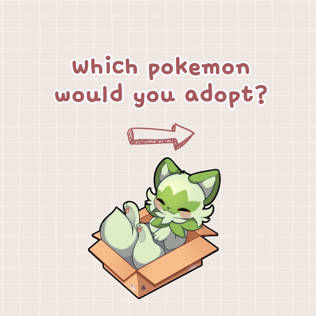 sevi (seviyummy), sprigatito, nintendo, pokemon, :3, animal focus, blush, box, cardboard box, cat, closed eyes, closed mouth, english text, in box, in container, no humans, pokemon (creature), pokemon focus, simple background, smile, solo, tail